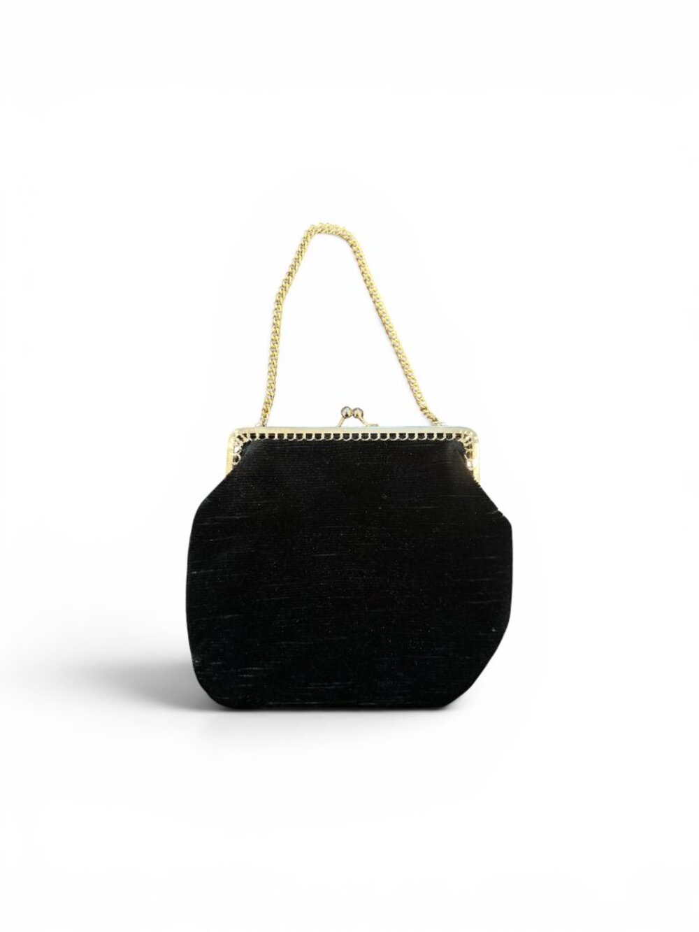 Vintage Black Velvet Made in Italy Kiss Lock Clutch Evening Bag Gold Chain